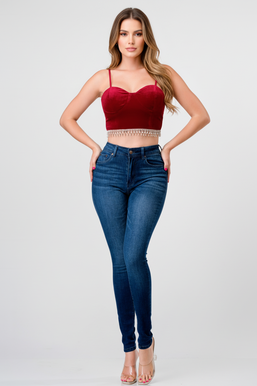 Velvet Rhinestone Fringe-Crop Top